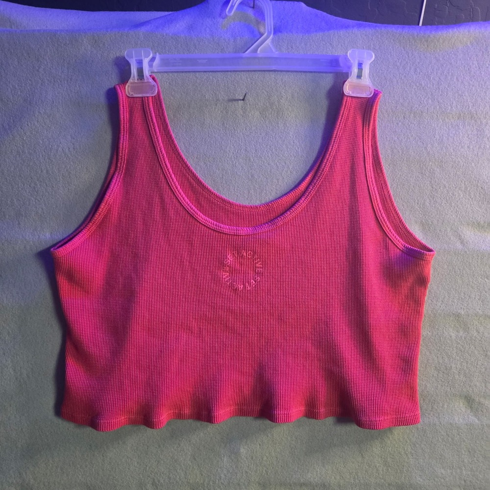 Set Active Pink Waffle Knit Crop Tank Top XL Cotton Made in USA Sleeveless Scoop